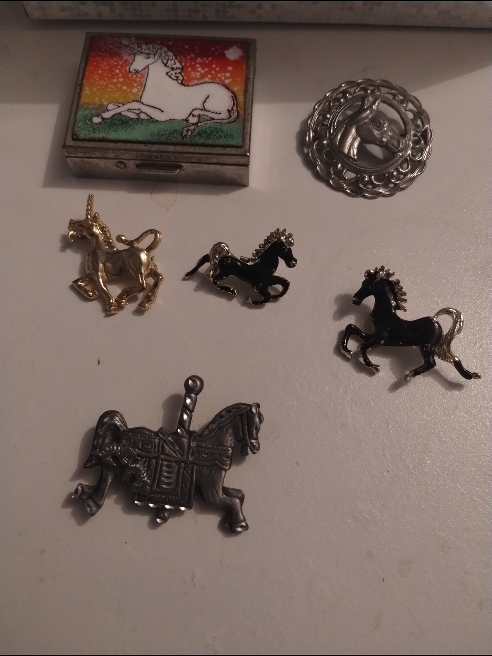 Horses And Unicorn Brooch And Rusty Small Unicorn Design Trinket Box